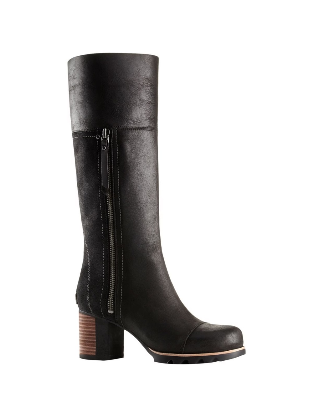 Sorel Black Leather Mid-Calf Zip Block Heel Boot